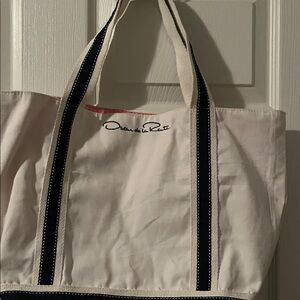 Vintage Oscar de la Renta Canvas Tote Bag with navy blue trim